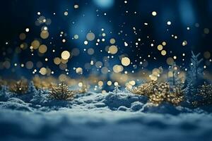 ai gerado em branco tela de pintura do branco neve com uma borrado Natal árvore e bokeh luzes ai gerado foto