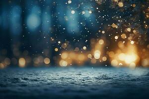 ai gerado Natal encantamento bokeh luzes contra branco neve enquadramento uma borrado Natal árvore ai gerado foto