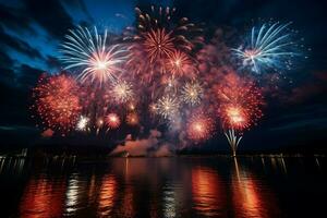 ai gerado colorida fogos de artifício iluminar a noite céu, misturando-se com a leitoso caminho ai gerado foto