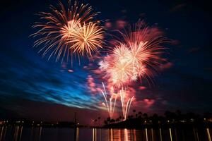 ai gerado colorida fogos de artifício iluminar a noite céu, misturando-se com a leitoso caminho ai gerado foto