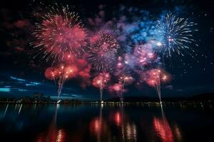 ai gerado noite céu espetáculo fogos de artifício exibição harmonizando com a etéreo leitoso caminho ai gerado foto