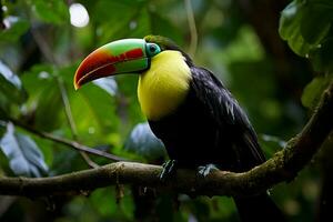 ai gerado quilha faturado tucano empoleirado em uma floresta ramo dentro Panamá exuberante vegetação ai gerado foto