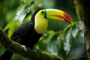 ai gerado quilha faturado tucano empoleirado em uma floresta ramo dentro Panamá exuberante vegetação ai gerado foto