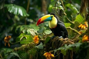 ai gerado quilha faturado tucano empoleirado em uma floresta ramo dentro Panamá exuberante vegetação ai gerado foto