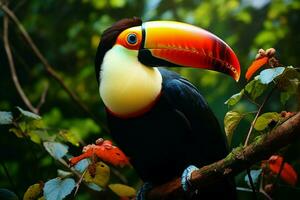 ai gerado quilha faturado tucano empoleirado em uma floresta ramo dentro Panamá exuberante vegetação ai gerado foto