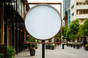 ai gerado companhia branding dentro foco com uma volta branco placa brincar dentro uma país cidade ai gerado foto