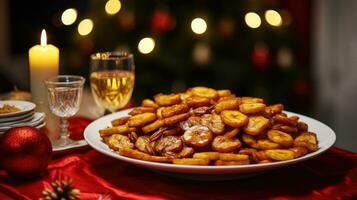 ai gerado dourado frito bananas, uma saboroso festivo prazer, perfeito para a Natal mesa foto