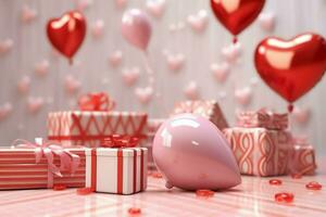 feliz dia dos namorados dia conceito com vermelho presente caixa e coração em forma balões romântico bandeira amor conceito de ai gerado foto