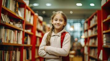 ai gerado 10 ano velho menina aluna dentro uma luz suéter carrinhos dentro uma livraria entre a prateleiras com livros. costas para escola conceito. foto