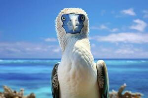 ai gerado a raro de pés azuis booby descansos em a de praia. ai gerado foto