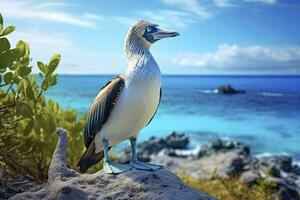 ai gerado a raro de pés azuis booby descansos em a de praia. ai gerado foto