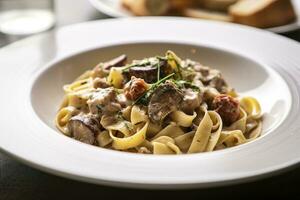 ai gerado tagliatelle com linguiça e Porcini, massa com linguiça e verão cep cogumelo. generativo ai foto