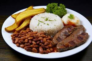 ai gerado arroz, feijões, francês fritas, e eu no. generativo ai foto