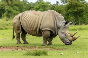 ai gerado sul africano rinoceronte pastando. ai gerado foto