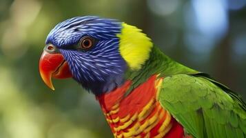 ai gerado lado Visão fechar-se do lindo e colorida Lorikeet verde cochilou pássaro. generativo ai foto