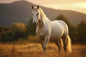ai gerado branco cavalo ou égua dentro a montanhas às pôr do sol. ai gerado foto