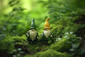 ai gerado brinquedo irlandês gnomos dentro uma mistério floresta, abstrato verde natural fundo. generativo ai foto