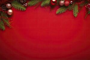 ai gerado Natal ou Novo ano vermelho fundo com abeto decoração. ai gerado foto