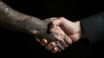 ai gerado tatuagem aperto de mão dois empresários significa bem sucedido acordo Preto fundo. generativo ai foto