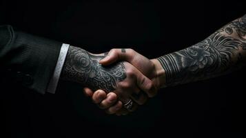 ai gerado tatuagem aperto de mão dois empresários significa bem sucedido acordo Preto fundo. generativo ai foto