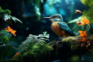 ai gerado martinho pescatore pássaro dentro a tropical floresta foto