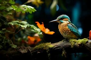 ai gerado martinho pescatore pássaro dentro a tropical floresta foto