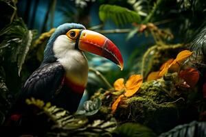 ai gerado tucano pássaro dentro tropical selva foto