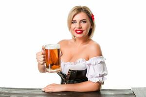 lindo jovem loiro menina do oktoberfest Cerveja stein foto