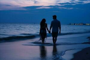 ai gerado amoroso casal anda em ao longo a costa às pacífico crepúsculo foto