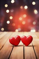 ai gerado par do vermelho corações em uma de madeira mesa com uma romântico suave pano de fundo foto