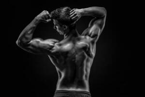 saudável muscular jovem homem mostrando costas e bíceps músculos foto