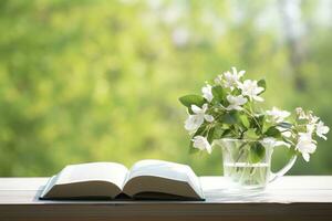 ai gerado jasmim flores dentro uma vaso e aberto livro em a mesa, verde natural fundo. ai gerado foto