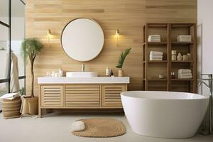 ai gerado interior do à moda banheiro com de madeira gabinete, afundar, banheira, e espelho. ai gerado foto