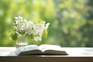 ai gerado jasmim flores dentro uma vaso e aberto livro em a mesa, verde natural fundo. ai gerado foto