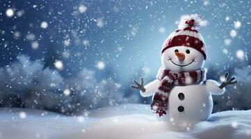 ai gerado feliz boneco de neve dentro a inverno cenário. ai gerado foto