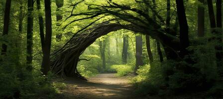 ai gerado natural arco em forma de galhos dentro a floresta. ai gerado foto