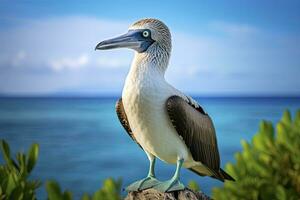 ai gerado a raro de pés azuis booby descansos em a de praia. ai gerado foto