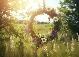 ai gerado rústico flores silvestres guirlanda em uma ensolarado Prado. verão solstício dia, solstício de verão conceito. generativo ai foto