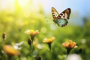 ai gerado borboleta vôo sobre a Prado. ai gerado foto