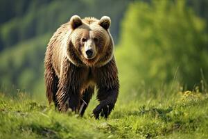 ai gerado Castanho Urso comovente em a verde Prado dentro primavera natureza. ai gerado foto