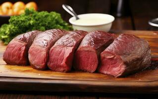 ai gerado brasileiro picanha Comida em uma de madeira corte borda. foto