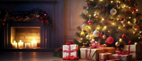 ai gerado Natal casa sala, presente caixa abaixo árvore com luzes e lareira. ai gerado foto