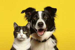 ai gerado gato e cachorro juntos com feliz expressões em amarelo fundo. ai gerado foto