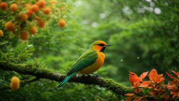 ai gerado examinar a impacto do clima mudança em a absoluto verde árvore natureza fundo e Está em cascata efeitos em a comportamento, reprodução, e sobrevivência do a colorida pássaros. foto