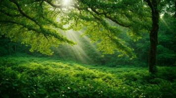 ai gerado descrever a intrincado padrões do luz solar filtrando através a denso folhagem do a absoluto verde árvore natureza fundo, destacando a vibrante ecossistema abaixo. foto