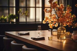 ai gerado elegante minimalista mesa configuração dentro de luxo restaurante com suave bokeh fundo foto