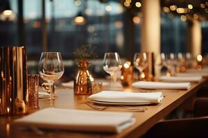 ai gerado elegante minimalista mesa configuração dentro de luxo restaurante com suave bokeh fundo foto