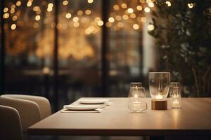 ai gerado elegante minimalista mesa configuração dentro de luxo restaurante com suave bokeh fundo foto