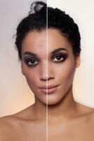 antes e depois de Cosmético Operação. jovem bonita mulher retrato foto
