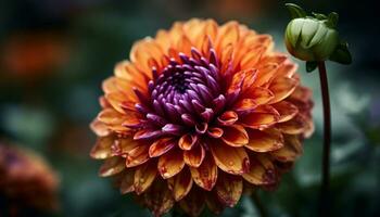 ai gerado fechar acima do uma vibrante, multi colori dália flor dentro uma formal jardim gerado de ai foto